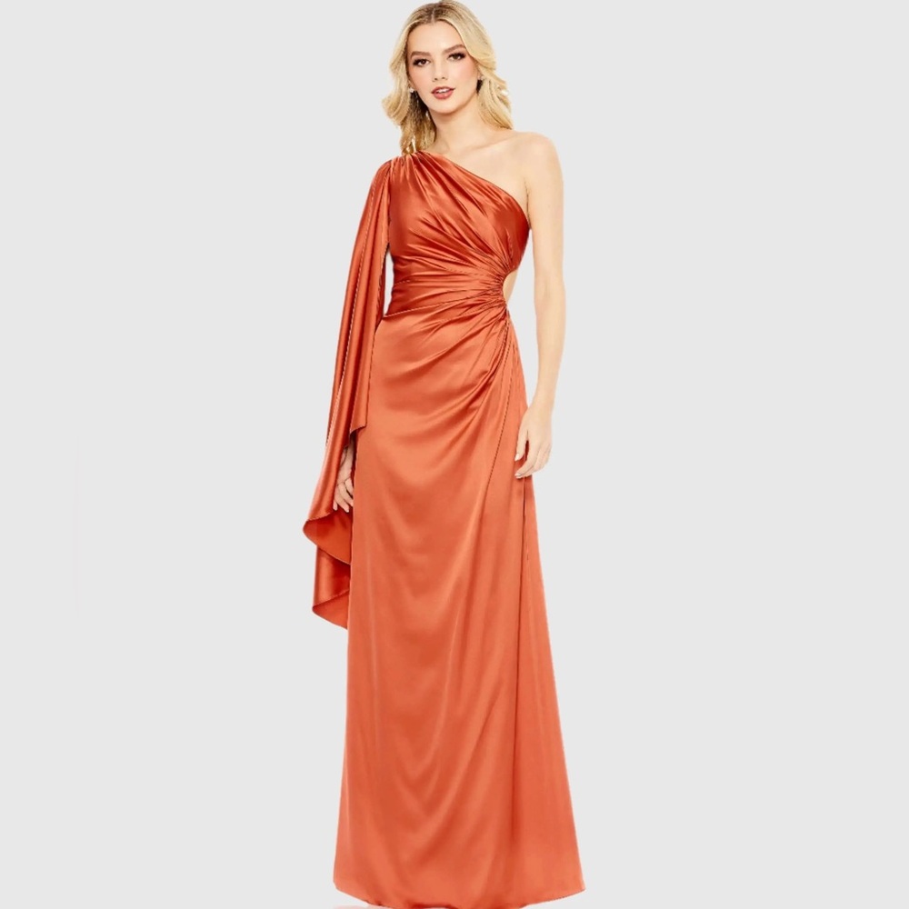 Mac Duggal One-Shoulder Cape Sleeve Rust Orange Gown